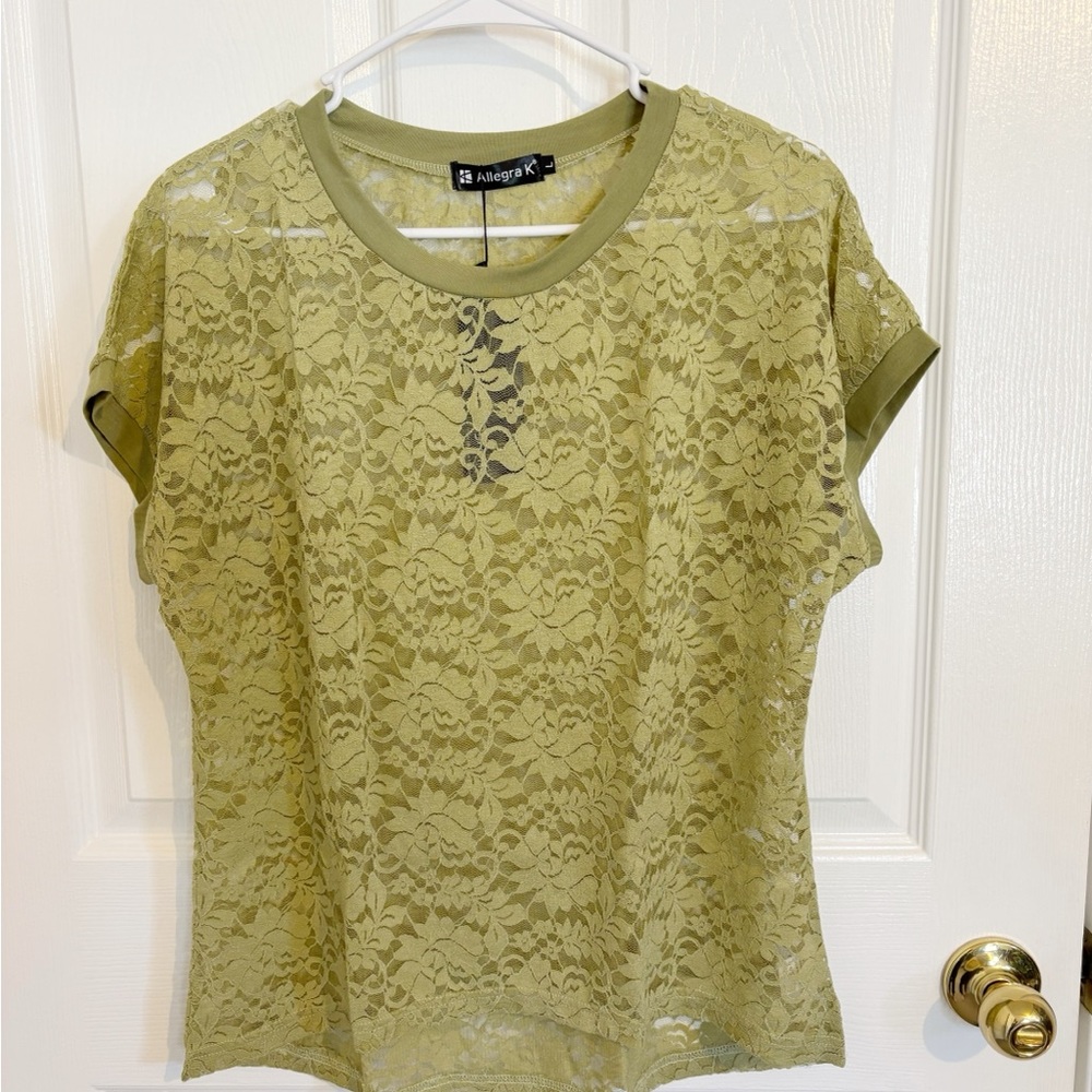 Allegra K Olive Lace Short Sleeve Top